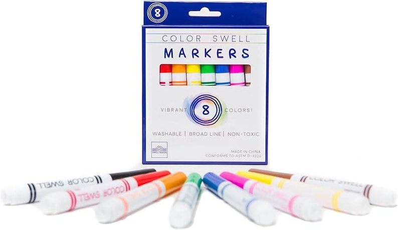 May include: A box of 8 Color Swell Markers in vibrant colors. The markers are washable, have a broad line, and are non-toxic. The box is blue and white with the text "Color Swell Markers" in black.