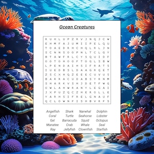 Ocean Creatures Word Search Puzzle – Printable Game for Kids & Adults – Educational Ocean Theme PDF – Instant Download + Answer Key