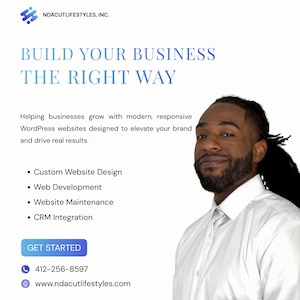 May include: An advertisement with the text "BUILD YOUR BUSINESS THE RIGHT WAY." It promotes website design, web development, and CRM integration. A man in a white shirt is in the image. The company logo and contact information are also included.