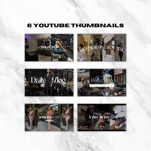 May include: Six YouTube thumbnail designs featuring different scenes and text overlays. The thumbnails include a gym setting, a bathroom, and a bedroom. The text overlays include "VLOG", "6 AM MORNING ROUTINE", "Daily Vlog", "A Day in My Life", and "Recipes & More".