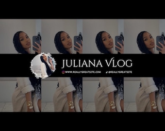 Op de afbeelding: Een banner voor een vlogkanaal, met de tekst "JULIANA VLOG" in witte letters op een zwarte achtergrond. De banner bevat een profielfoto en website- en social media-informatie. De achtergrond toont meerdere afbeeldingen van een persoon.