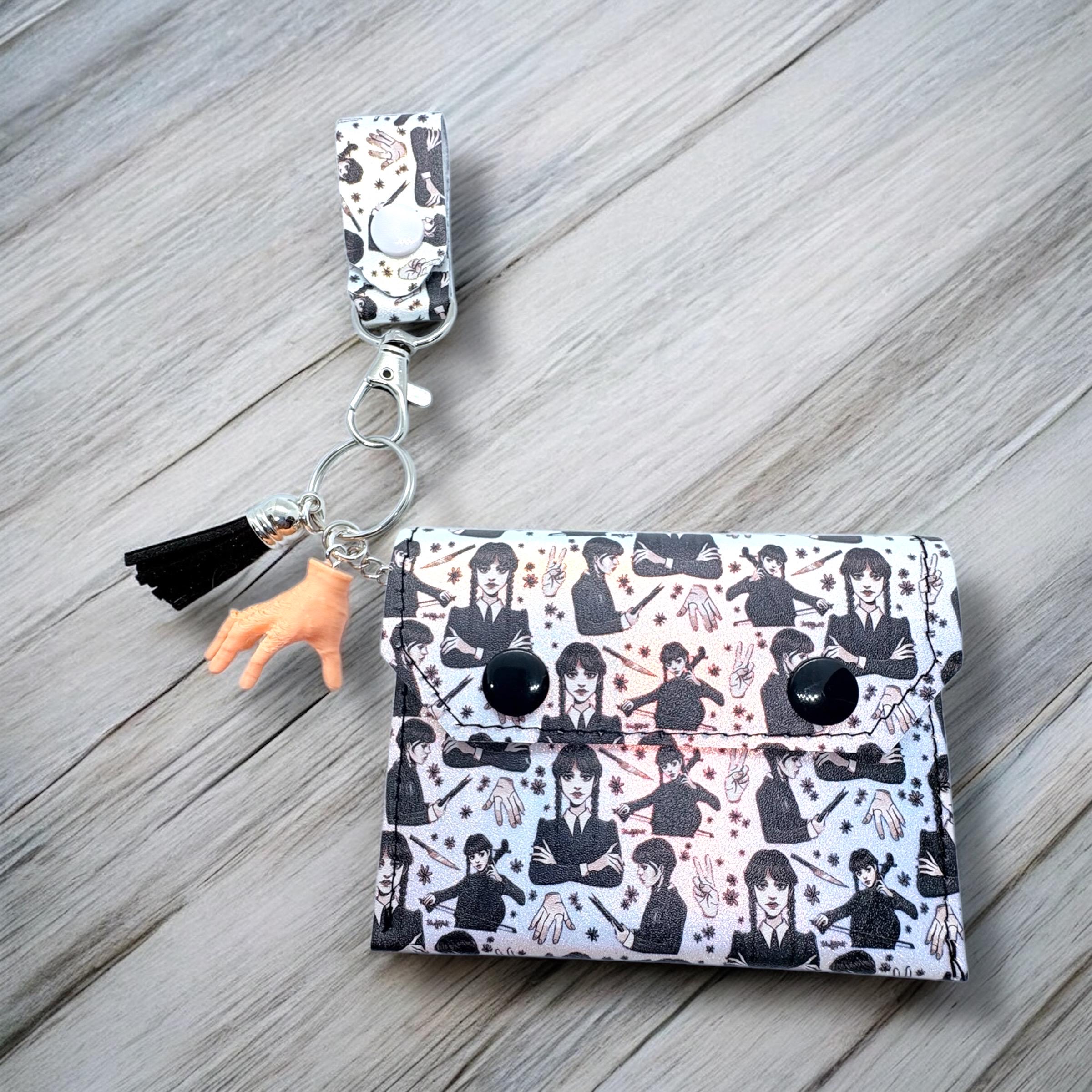 Wednesday-Inspired Card Holder with Keychain | Silver Glitter Lining | Mini Hand Charm