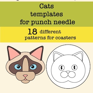 Op de afbeelding: Een set van 18 kat-thema punch needle sjablonen voor onderzetters. De sjablonen bevatten twee verschillende kat-ontwerpen, een met een bruin en wit kleurenschema en de andere in zwart en wit. De tekst "Cats templates for punch needle 18 different patterns for coasters" wordt weergegeven op de afbeelding.