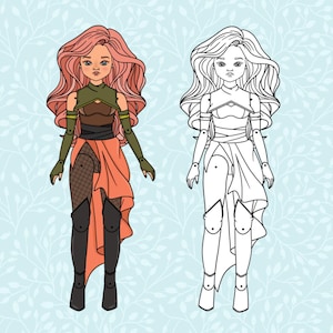 Articulated paper doll in colour and black and white, Paper doll anime, digital download