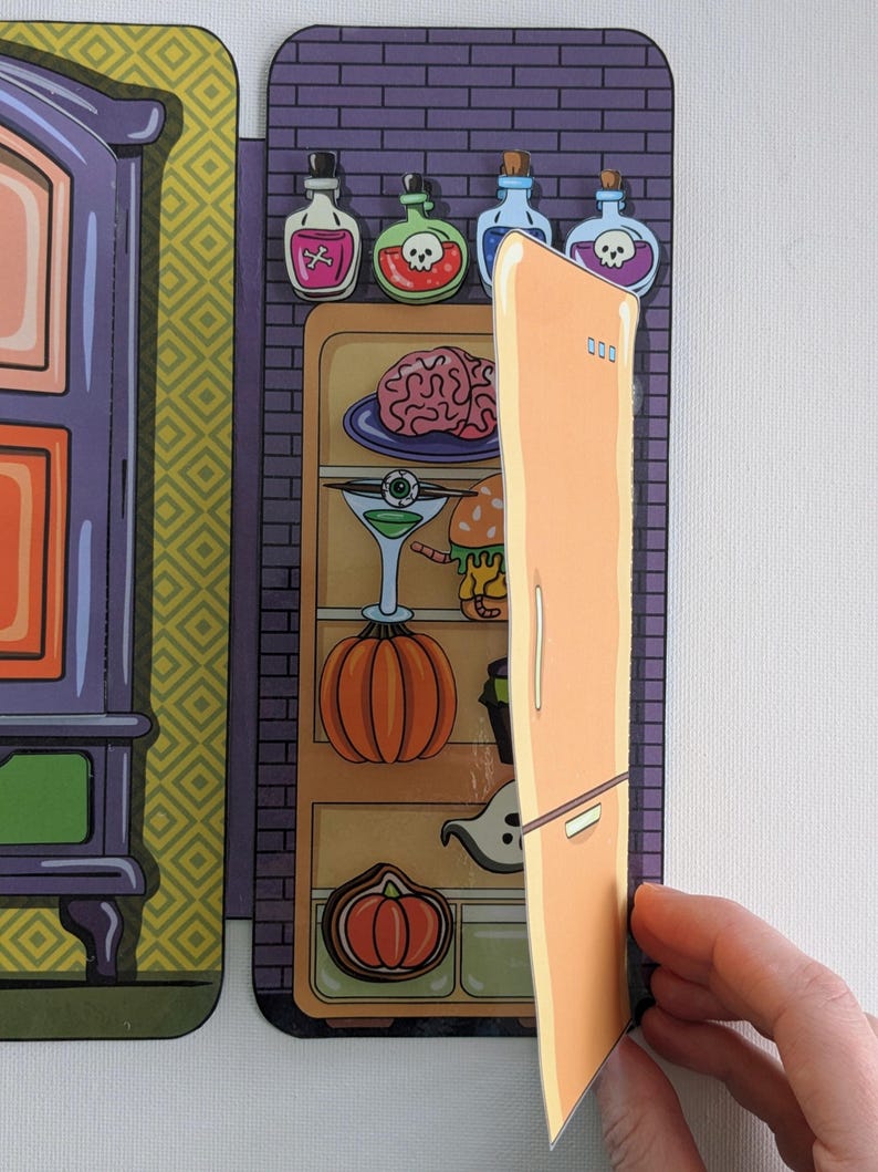 May include: A Halloween-themed refrigerator with a door that opens to reveal a variety of spooky treats, including a brain, an eyeball, a pumpkin, and a ghost. The refrigerator is decorated with a brick pattern and has a shelf with four potion bottles.