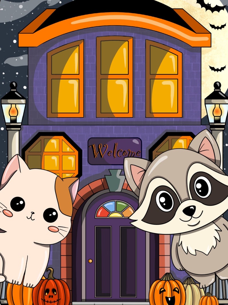 May include: A cartoon illustration of a purple house with orange trim and a welcome sign. A cat and a raccoon are standing in front of the house, each holding a jack-o-lantern. The house has three windows and a door with a stained glass window.
