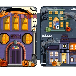 May include: A Halloween-themed illustration of three houses. The first house is purple with orange trim and has a sign that says "Welcome". The second house is green with white trim and has a ghost in the window. The third house is gray with orange trim and has a bat in the window. All three houses have pumpkins in front of them.