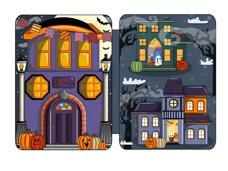 May include: A Halloween-themed illustration of three houses. The first house is purple with orange trim and has a sign that says "Welcome". The second house is green with white trim and has a ghost in the window. The third house is gray with orange trim and has a bat in the window. All three houses have pumpkins in front of them.