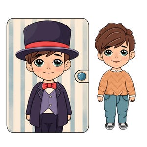 Könnte beinhalten: Illustration von zwei Cartoon-Jungen. Einer trägt einen lila Anzug, eine Weste und eine rote Fliege mit einem schwarzen Zylinder. Der andere Junge trägt einen orangefarbenen Pullover und blaue Jeans. Beide haben braune Haare und grüne Augen.