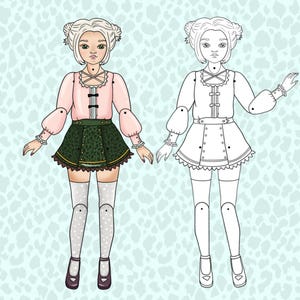 Articulated paper doll in colour and black and white, Paper doll anime, digital download