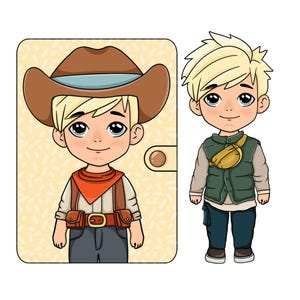 Modello di paese di bambola di carta stampabile, attività per bambini, bambola di carta da cowboy