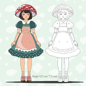 Articulated paper doll in colour and black and white, digital download
