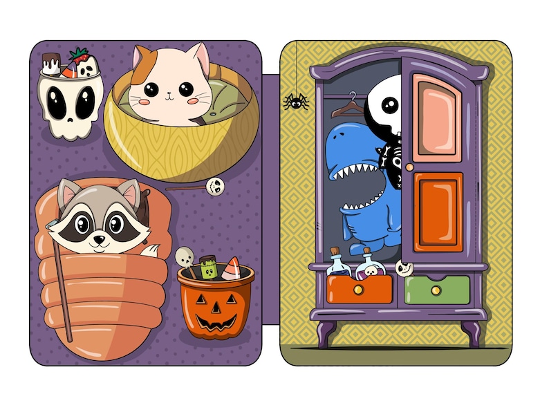 May include: A purple and yellow Halloween-themed card with a raccoon in a sleeping bag, a cat in a basket, and a monster in a closet.