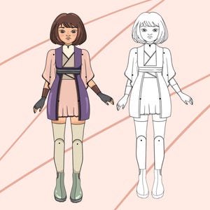 Articulated paper doll in colour and black and white, Paper doll anime, digital download
