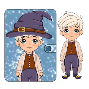 May include: A blue and white phone case with a cartoon illustration of a young boy wearing a purple and brown wizard hat. The boy has blonde hair and blue eyes.