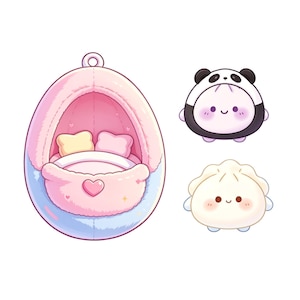 May include: A digital illustration featuring a pink and blue pet bed with pillows and a heart-shaped detail. Two kawaii-style characters are also shown: a panda and a dumpling, both with smiling faces. The overall theme is cute and whimsical.