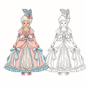 Articulated paper doll in colour and black and white, Paper doll Rococo, digital download