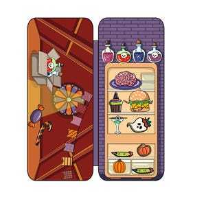 May include: A cartoon illustration of a refrigerator with a variety of Halloween themed food items inside, including a brain, a burger, a cupcake, a ghost, and pumpkins. There are also four bottles of potion on top of the refrigerator.