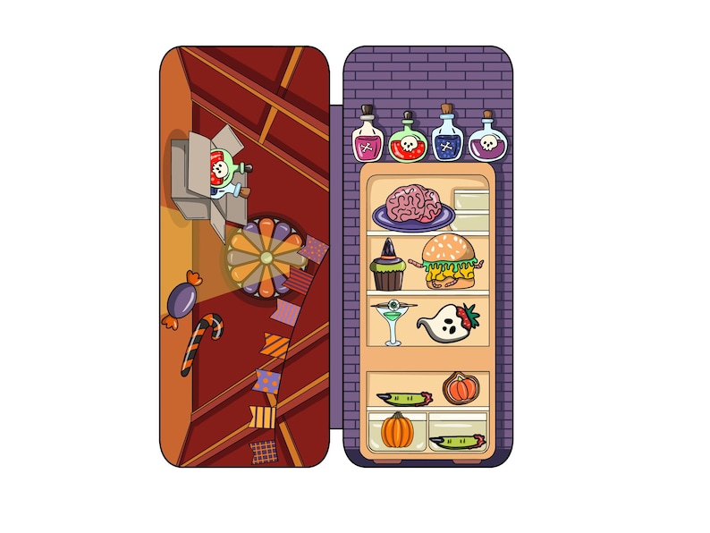 May include: A cartoon illustration of a refrigerator with a variety of Halloween themed food items inside, including a brain, a burger, a cupcake, a ghost, and pumpkins. There are also four bottles of potion on top of the refrigerator.