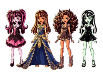 4 Paper Dolls With Clothes And Backgrounds, Monster Dolls (Digital Download)