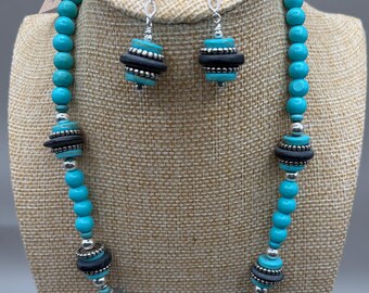 Handcrafted Turquoise & Grey Necklace and Earring Set