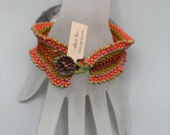Orange Seed Beaded Bracelet w/ Copper Closure