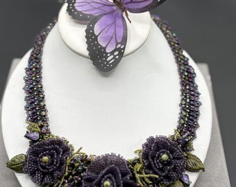 Handcrafted Purple Floral Beaded Necklace, Polymer Clay Flowers, 18 inch- Light weight