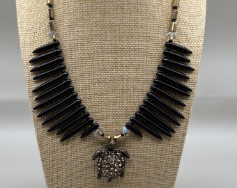 Handcrafted Afrocentric Black Spiked Beaded Necklace w/Turtle Pendant