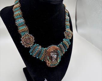 Necklace & Earring Set-  Bronze and Aqua Seed beaded set w/Peyote Stitch