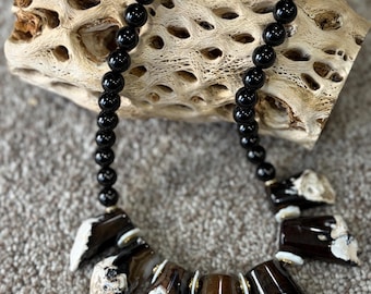 Handcrafted Glass Beaded Necklace- Black Jade w/Shades of Brown and Cream (18 inches)