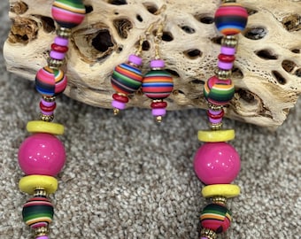 Handcrafted Jumbo Acrylic Rainbow Bead Necklace and Earring Set- Hypoallergenic (19 inches)