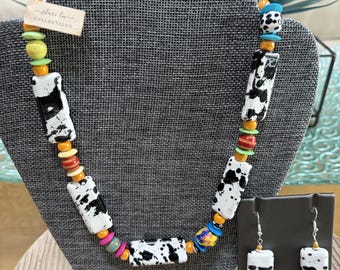 Handcrafted Rainbow Cow Necklace & Earring set