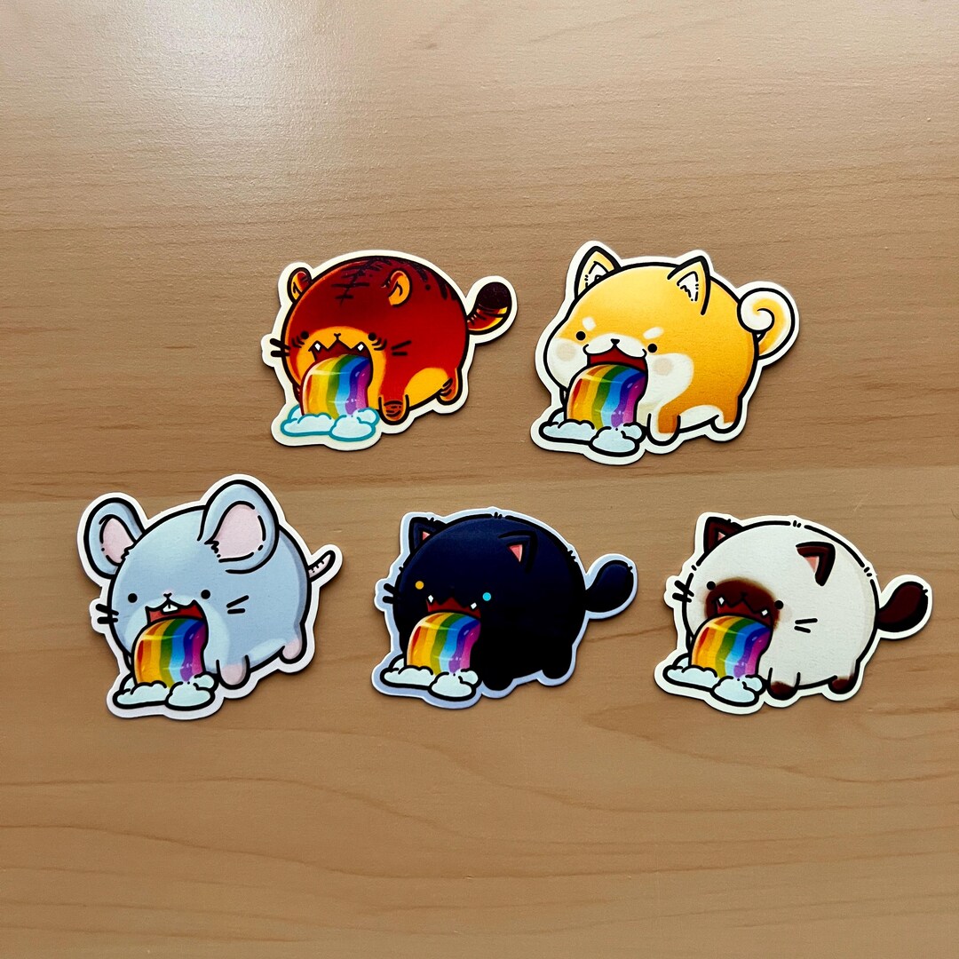 Rainbow Barfing Friends | Cute Round Happy Animal Stickers | Friend ...