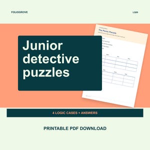 Op de afbeelding: Een printbare PDF-download getiteld Junior detective puzzles met 4 logische puzzels en antwoorden. Het document bevat een logische rasterpuzzel getiteld The Picnic Parcels met kolommen voor Apple, Pear, Plum en rijen voor Blue, Green, Gold.