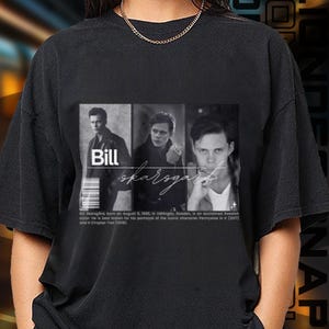 May include: Black and white photo collage of Bill Skarsgård, a Swedish actor. The collage features three different photos of him at different ages. The text "Bill Skarsgård" is written in white letters on a black background.