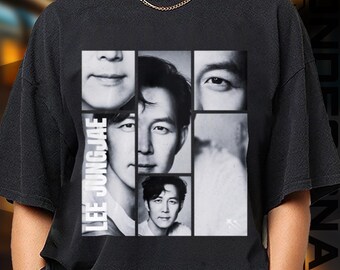May include: Black t-shirt featuring a grayscale collage of Lee Jung-jae's face, with the name "LEE JUNGJAE" printed vertically on the left. The design includes multiple facial close-ups.