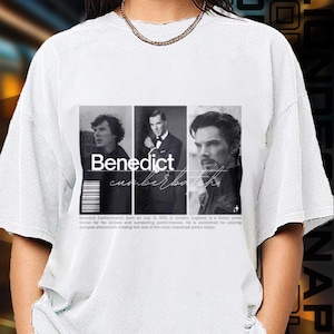 May include: White t-shirt featuring a graphic of Benedict Cumberbatch. The design includes three black and white images of the actor, with his name in a bold font. Text below the images provides biographical information.