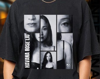 May include: Black t-shirt featuring a collage of black and white images of a woman. The text "HAVANA ROSE LIU" is printed vertically on the left side of the collage. The shirt has short sleeves and a crew neck.