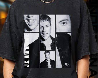 May include: Black t-shirt featuring a collage of black and white images of J.C. Van Damme. The design includes multiple facial close-ups and the text "J.C. VAN DAMME" vertically on the left side.
