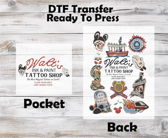Walt's Ink & Paint Tattoo Shop DTF Transfer, Disney Inspired Tattoo Pocket Back Print