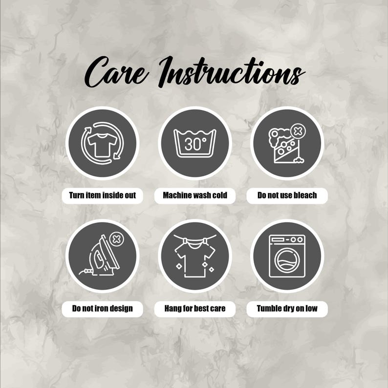 six black and white icons arranged in a grid, each representing a different care instruction for washing clothes.