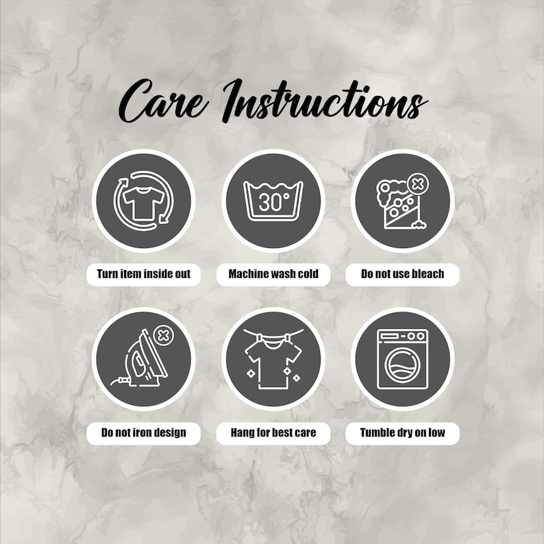 six black and white icons arranged in a grid, each representing a different care instruction for washing clothes.
