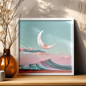 Luna&#39;s Whimsy - surreal printable art, cosmic, bohemian, moon art, wall decor, digital download