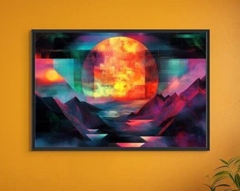Mosaic Horizons: arte surrealista imprimible, arte onírico, abstracto, arte del atardecer, decoración de pared, descarga digital