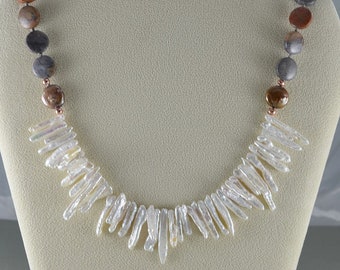 Biwa stick pearl, coin pearl.  and jasper knotted necklace