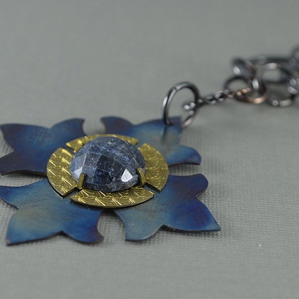 Blue Sapphire Titanium and Brass Necklace