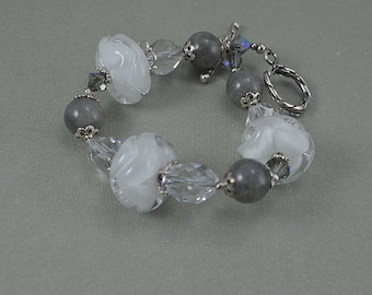 Sculpted White Lampwork Beads Labradorite Sterling Silver Bracelet