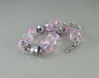 Pink and gray faceted chunky crystal sterling silver bracelet
