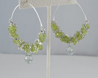 Peridot gemstone chip with prasiolite cluster sterling silver hoop earrings