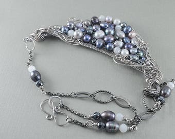 Wire woven freshwater pearl bib statement necklace